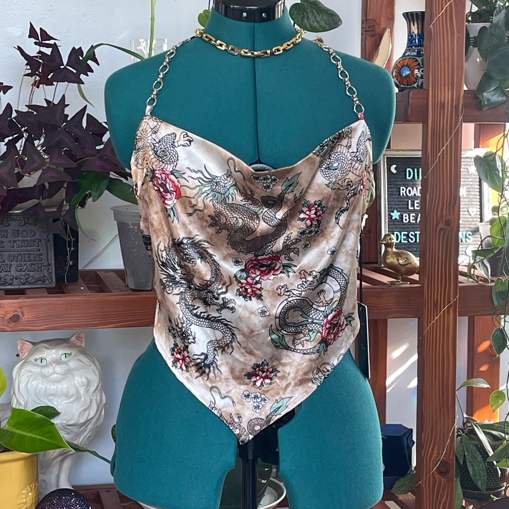 Satin graphic print tie cowl neck top